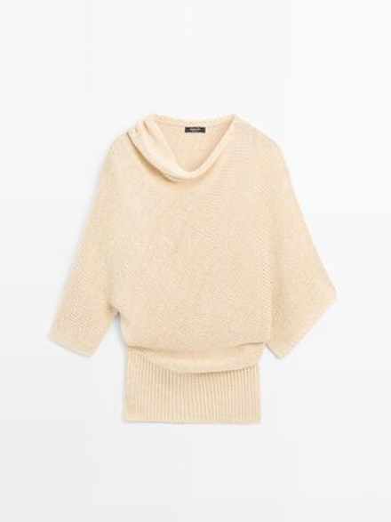 Massimo Dutti Асимметричный свитер оверсайз из хлопка и льна, ванильный