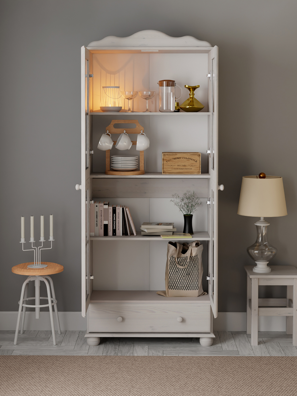 Шкаф-витрина 77х32х186, Бритта, двухдверная, с полками, массив сосны, белый воск, Dipriz