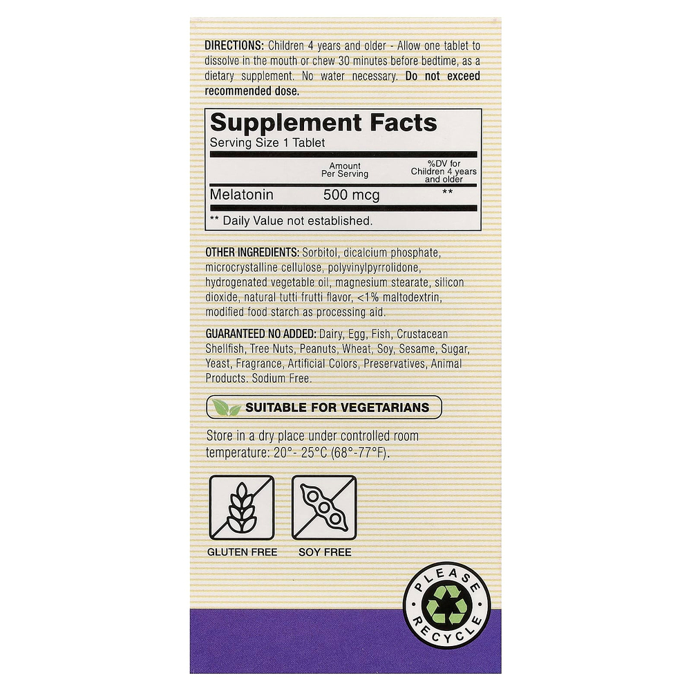 Mason Natural, мелатонин для детей от 4 лет, с фруктовым вкусом, 60 таблеток (500 мкг в 1 таблетке)