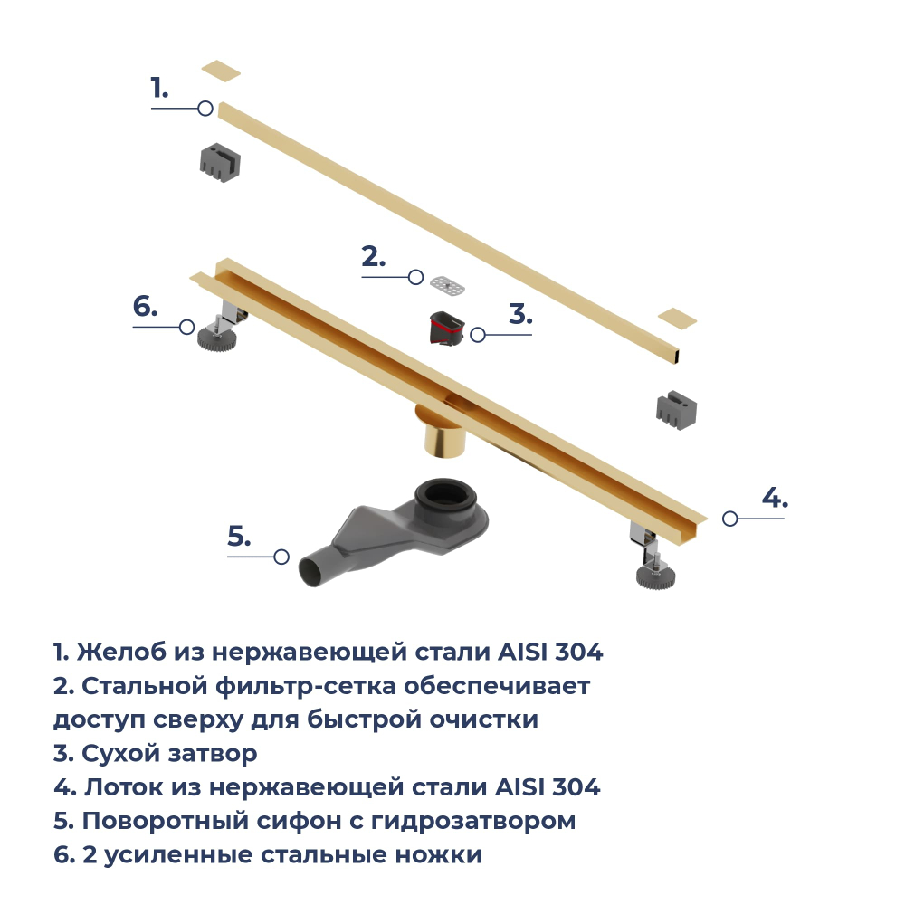 Душевой трап обрезной - SDR-50Gb - золото браш (800)