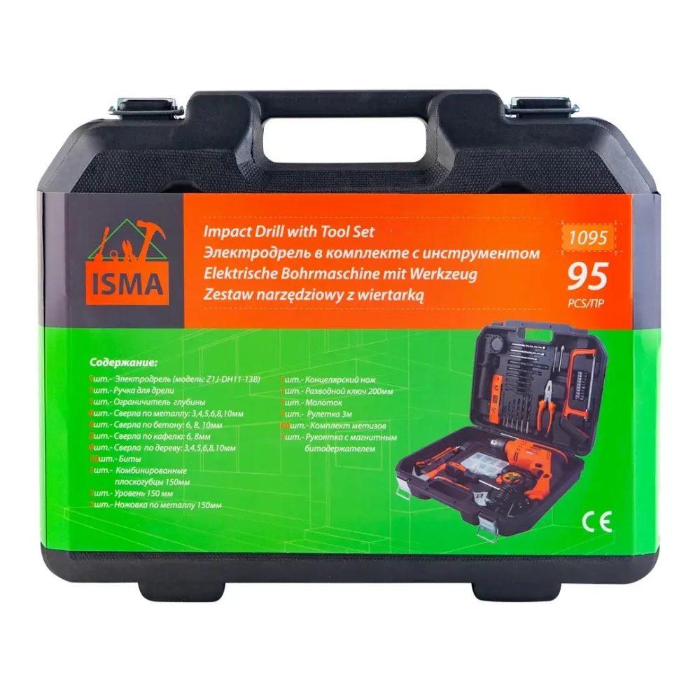 Набор инструментов с дрелью электрической,95пр.(220V,750W,0-2900об/мин),в кейсе ISMA ISMA-1095