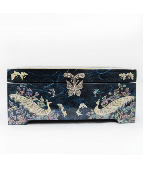 Шкатулка Павлины ручной работы синяя, Южная Корея 178х110х71мм