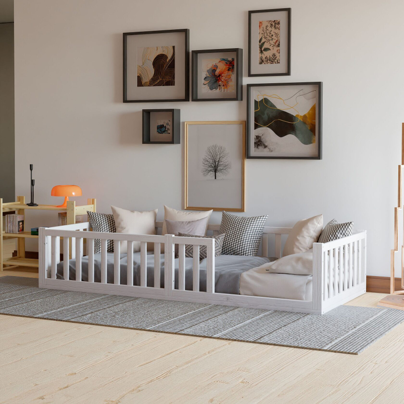 Кровать односпальная 90х200 Афина белая из массива сосны с настилом и бортиком, без калитки