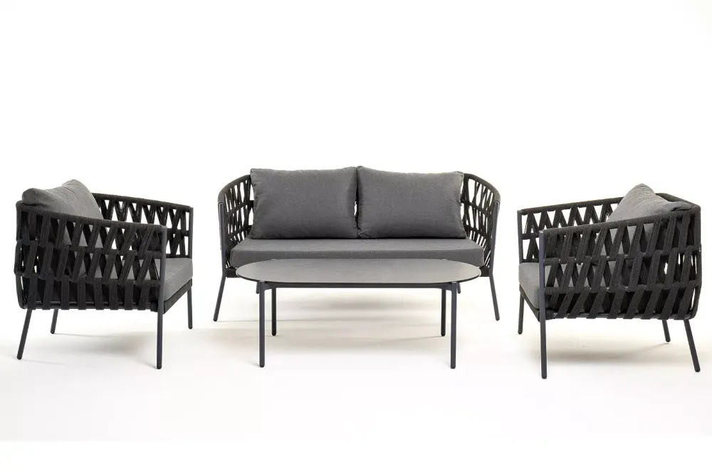 "Диего" лаунж-зона 4-местная плетеная из роупа (веревки), каркас алюминиевый темно-серый, роуп темно-серый