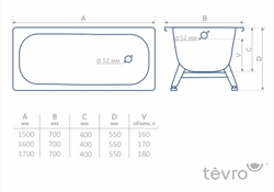 Стальная ванна ВИЗ Tevro 150x70 с опорной подставкой ОР-01207 (T-52902)