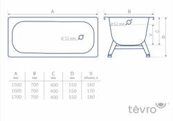 Стальная ванна ВИЗ Tevro 150x70 с опорной подставкой ОР-01207 (T-52902)