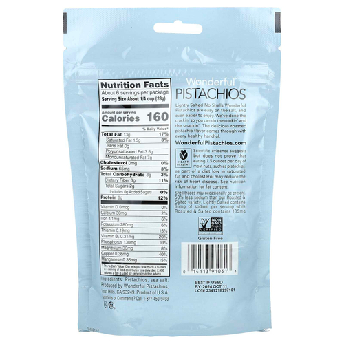 Wonderful Pistachios, с добавлением соли, без скорлупы, 170 г (6 унций)