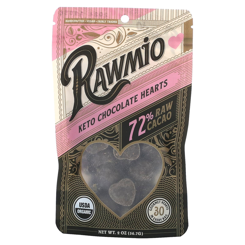 Rawmio, Keto Chocolate Hearts, 72% сырого какао, 56,7 г (2 унции)