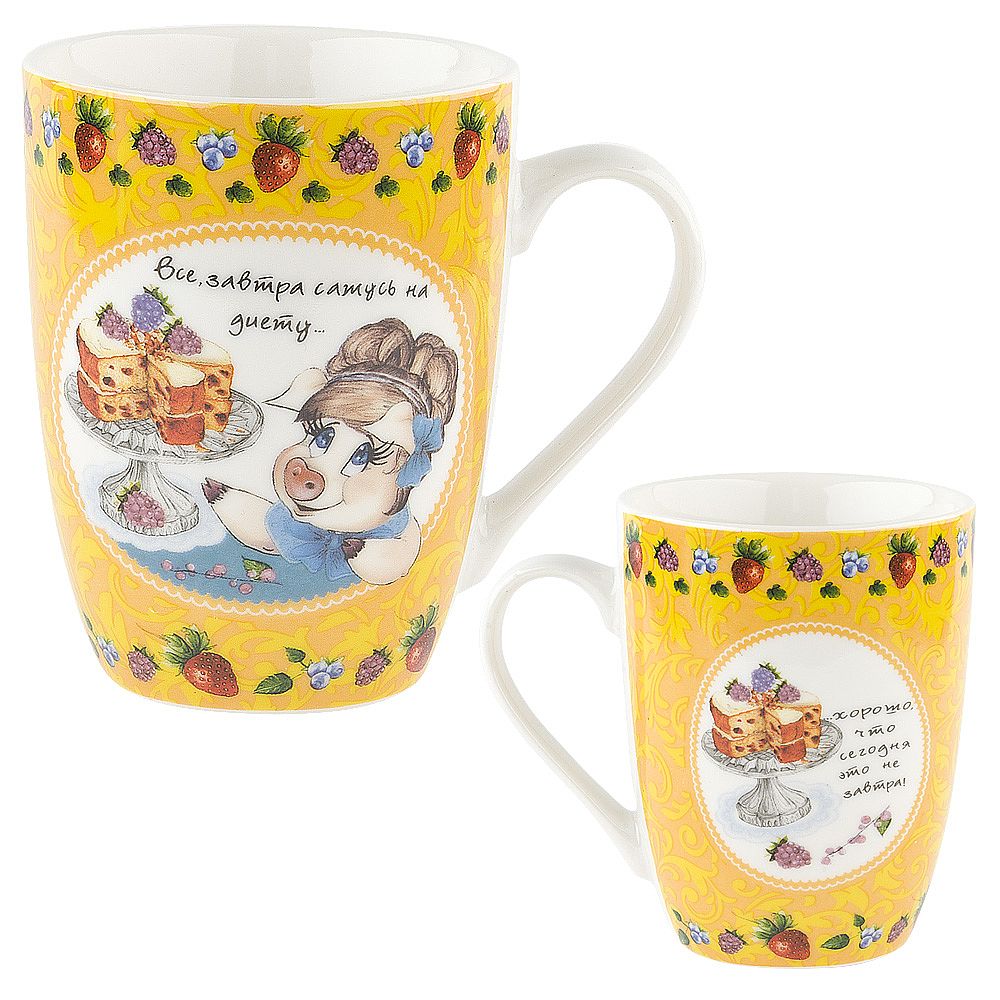 Кружка фарфоровая "Хрюшка/Афоризмы" v=360мл. (6видов) (min12) (транспортная упаковка)