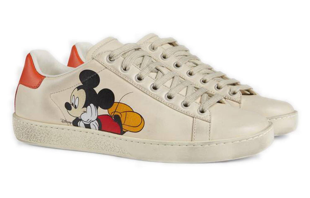 Disney/Disney x GUCCI Gucci ACE Mickey Print Fashion Sneakers Women's Ivory Distressed Shoes