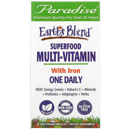 Витаминно-минеральные комплексы Paradise Herbs, Earth's Blend, комплекс суперфудов и мультивитаминов с железом, для приема один раз в день, 30 вегетарианских капсул