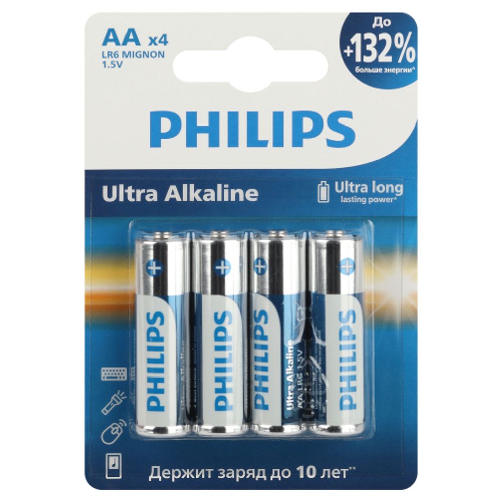 Батарейки Philips LR6E4B/51 АА алкалиновые 1,5v 4 шт. LR6-4BL Ultra (4/48/144/18432) | Philips