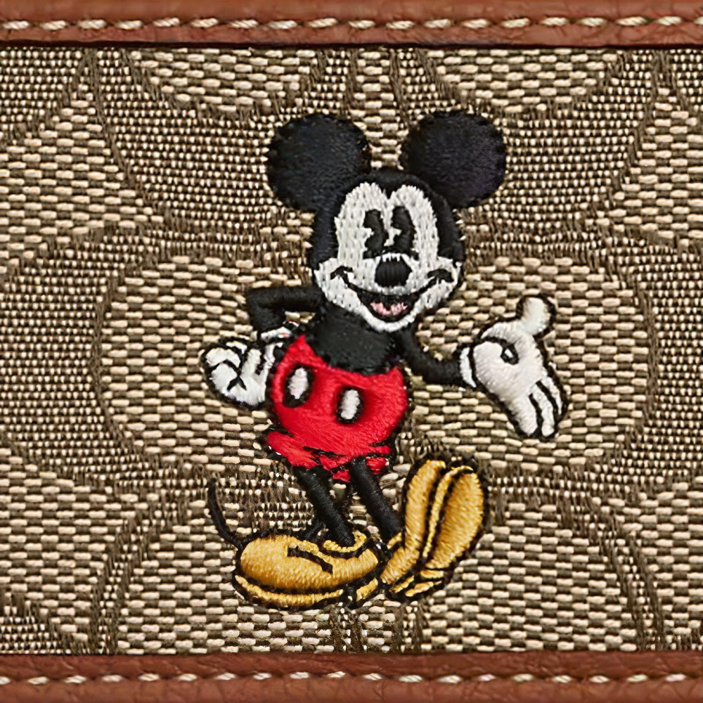 COACH Disney Collaboration Card Case Jacquard With Pebbled Leather Card Holder Unisex Brass Khaki