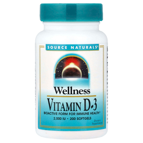Source Naturals, Wellness, витамин D3, 50 мкг (2000 МЕ), 200 мягких таблеток