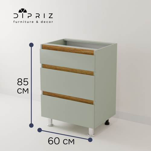 Кухонный модуль напольный 60 см Малага 3 ящика, с дубовыми панелями, на ножках / зеленый самшит, массив дуба