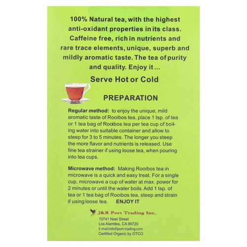J&R Port Trading, Органический зеленый Ройбос, без кофеина, 40 чайных пакетиков, 3,53 унции (100 г)