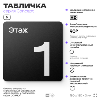 Табличка Этаж 1, на дверь и стену, навигационная и информационная, серия CONCEPT, 18х18 см, Айдентика Технолоджи