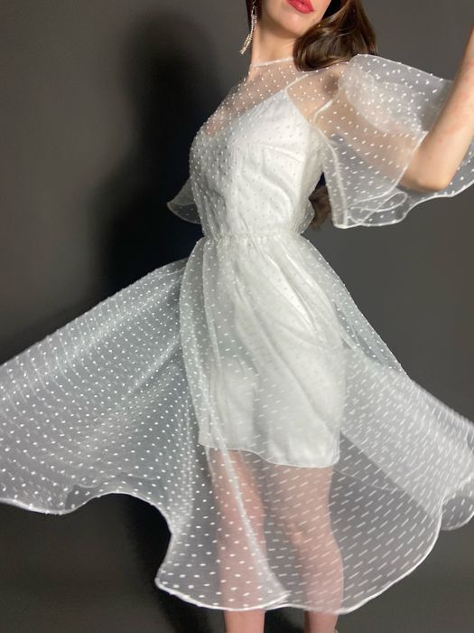 Свадебное  платье трансформер с шелковой комбинацией и верхом из органзы флок (молочный)