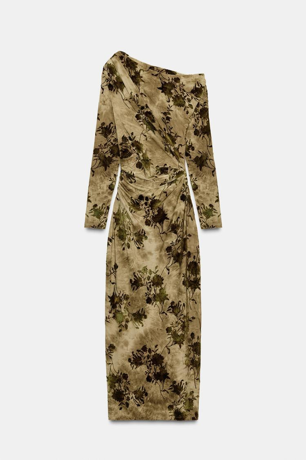 ZARA ПЛАТЬЕ ИЗ ФЛОКА СО СБОРКАМИ, СВЕТЛО-БЕЖЕВЫЙ