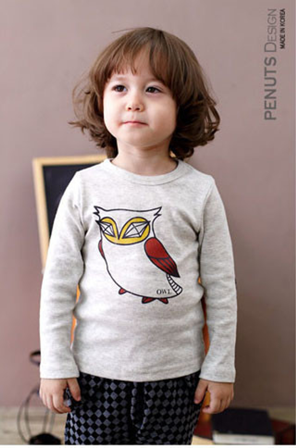 Лонгслив детский с принтом совы и заплатками на рукавах