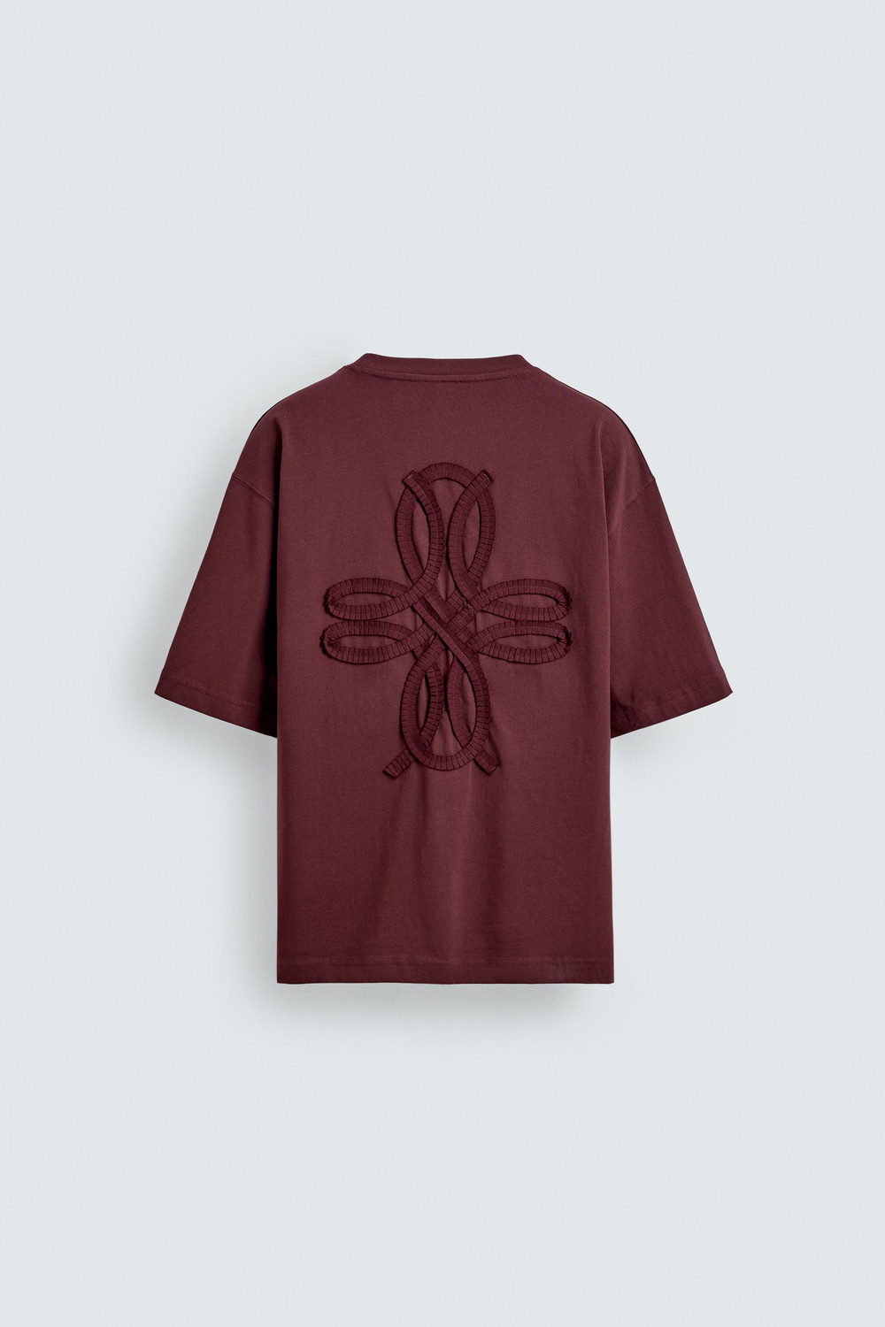 ZARA ФУТБОЛКА СВОБОДНОГО КРОЯ С ВЫШИВКОЙ, БОРДОВЫЙ/ЭКРЮ