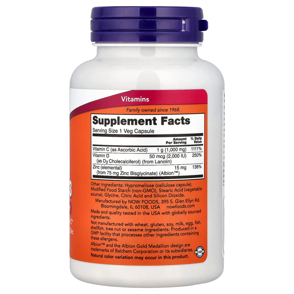 NOW Foods, Цинк C-1000 и D-3, 100 растительных капсул