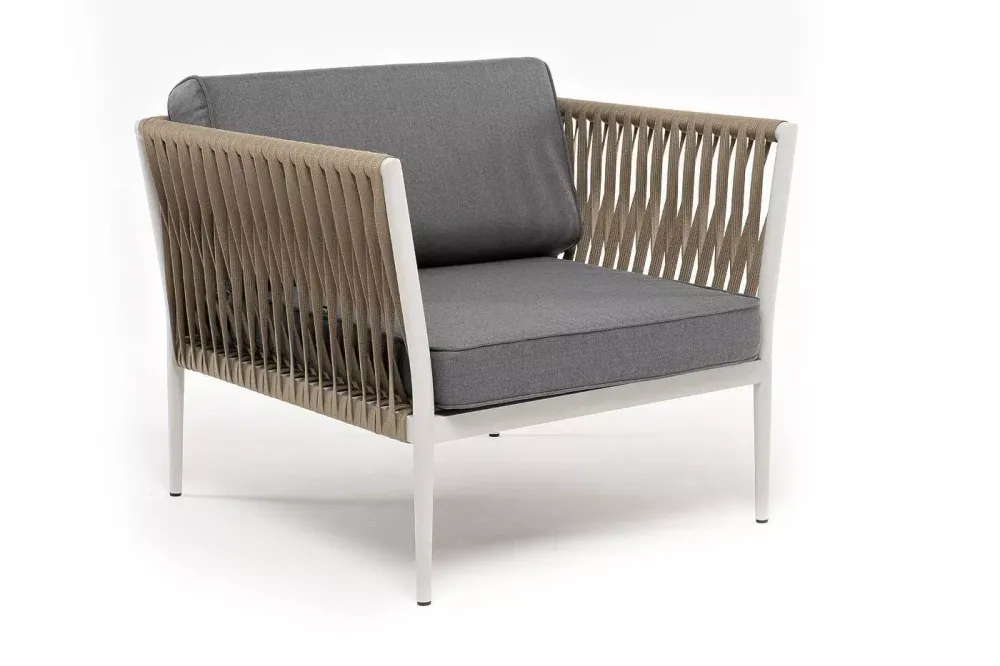 "Касабланка" кресло плетеное из роупа, каркас алюминий светло-серый (RAL7035) муар, роуп серо-коричневый 23мм, ткань серая 017