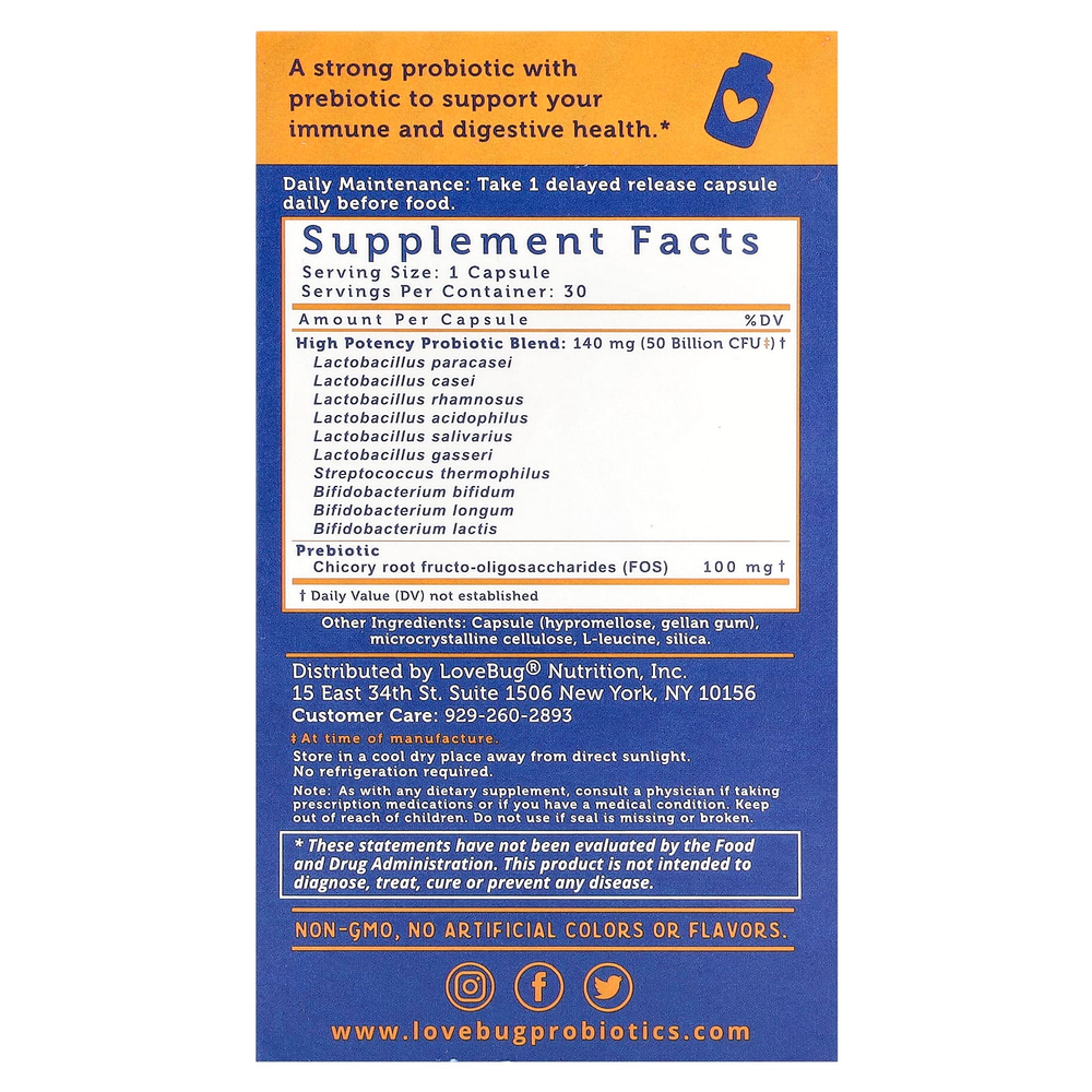 LoveBug Probiotics, улучшенный пробиотик для ежедневного приема, 50 млрд КОЕ, 30 капсул