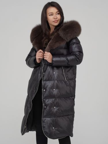 Длинный пуховик с декоративной молнией и меховой отделкой