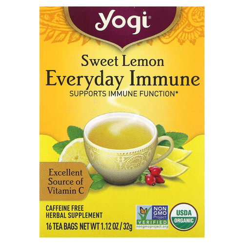 Yogi Tea, Everyday Immune, чай для поддержки иммунитета со вкусом сладкого лимона, без кофеина, 16 чайных пакетиков по 32 г (1,12 унции)