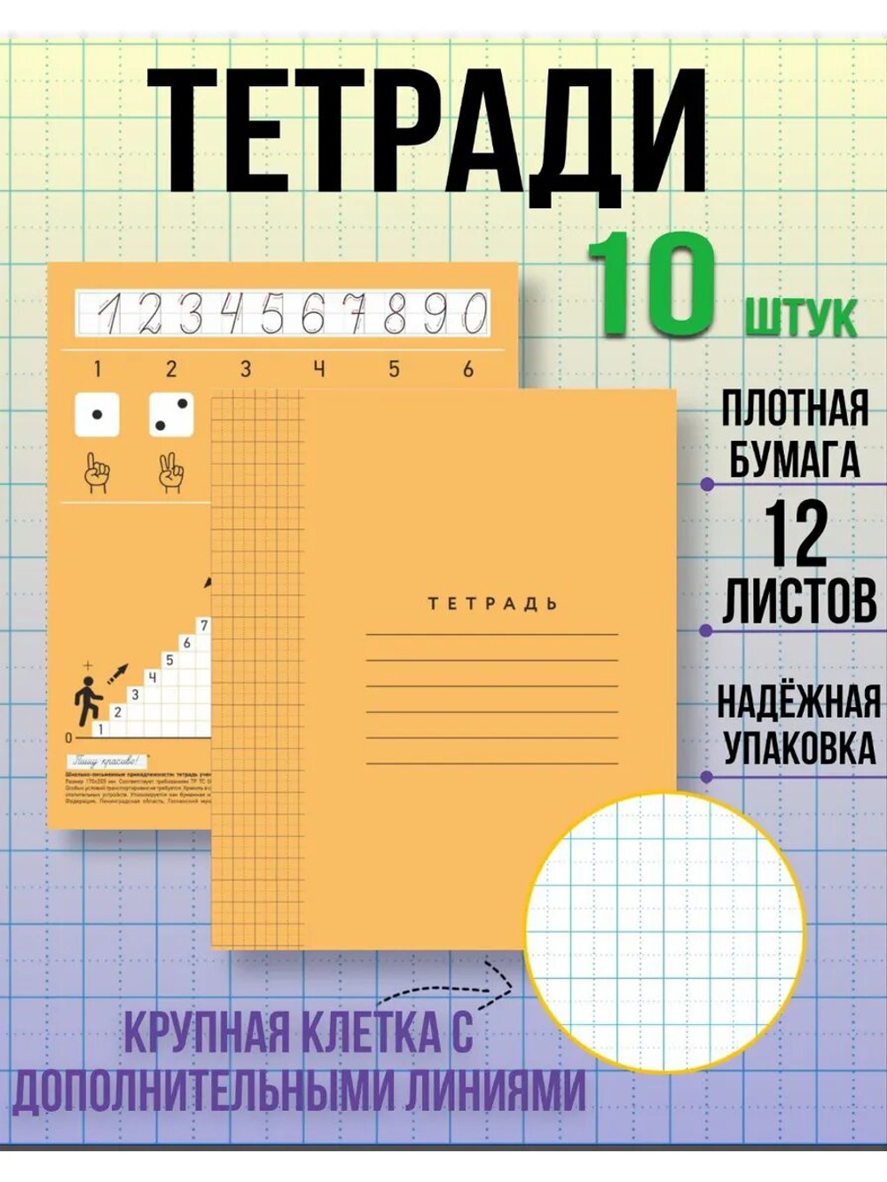Набор тетрадей в крупную клетку 8х8 мм, 12 л, оранжевая обложка, 10 шт