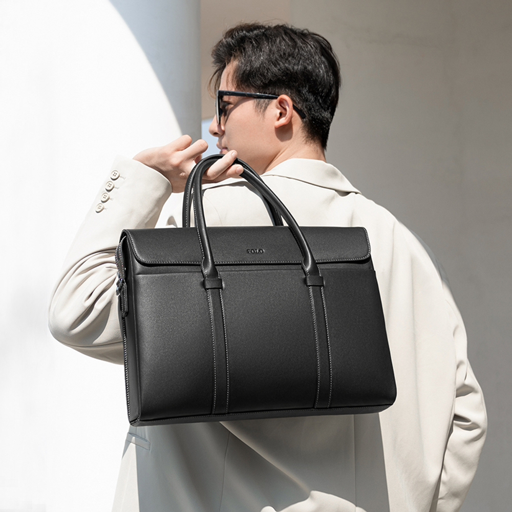 POLO Top Grain Cow Leather Men"s Crossbody Bag Briefcase Large Men"s Black
