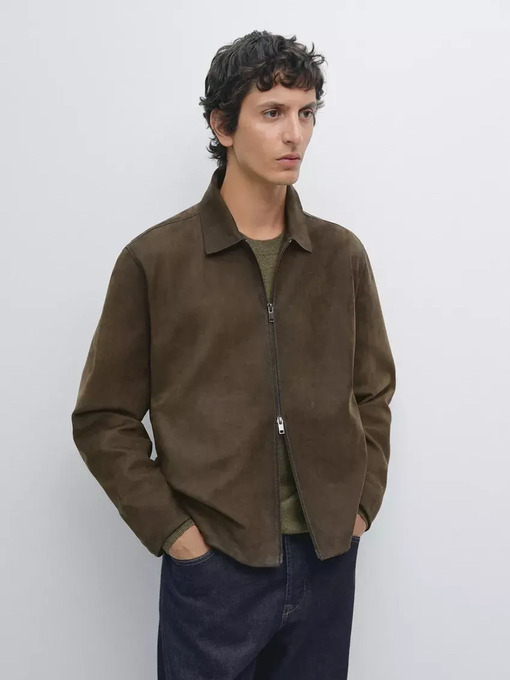 Massimo Dutti Куртка из кожи наппа с застежкой-молнией, зеленый