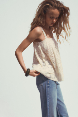 ZARA ТОП АЖУРНОЙ ВЯЗКИ С КРУЖЕВОМ, ЭКРЮ