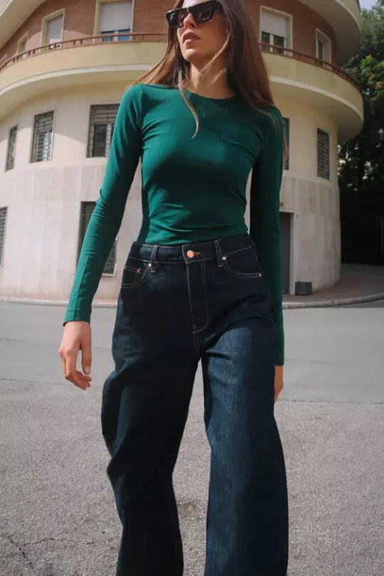 ZARA ФУТБОЛКА С ДЛИННЫМИ РУКАВАМИ, БУТЫЛОЧНО-ЗЕЛЕНЫЙ