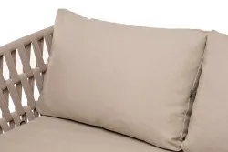 "Диего" диван 2-местный плетеный из роупа, основание дуб, каркас алюминий светло-серый (RAL7035) шагрень, роуп бежевый круглый, ткань бежевая 15052