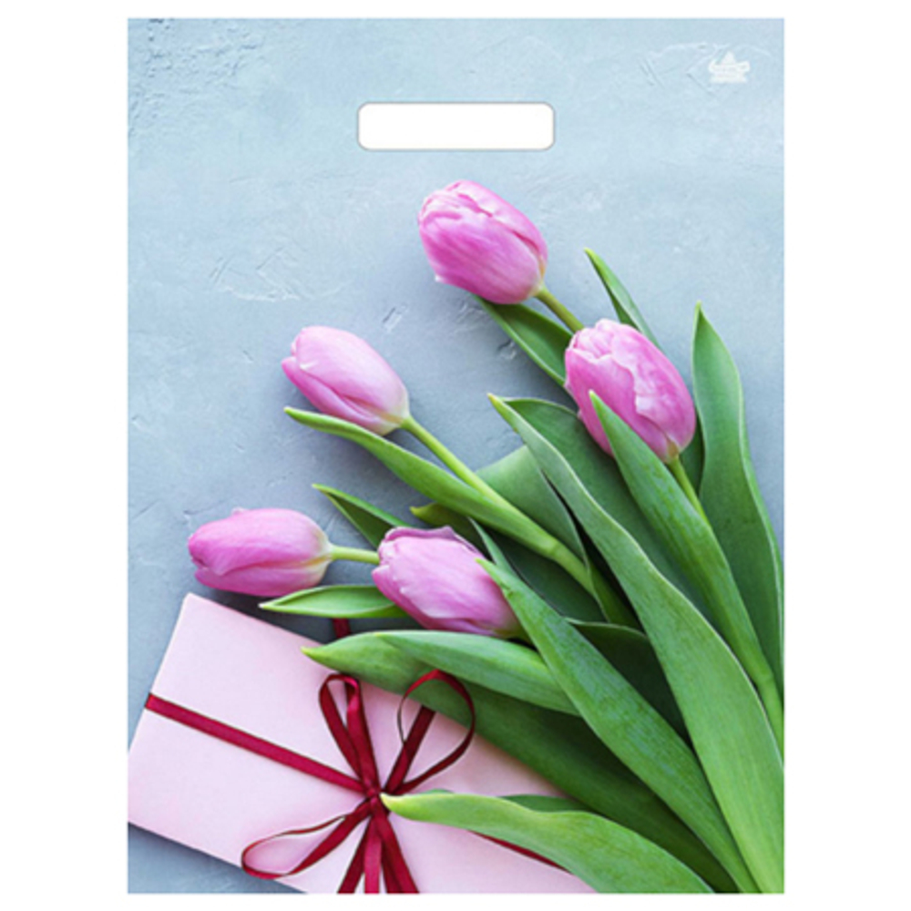 Пакет с вырубной ручкой ПВД, 40х31см, "Тюльпаны", 60мкм, ШК6050