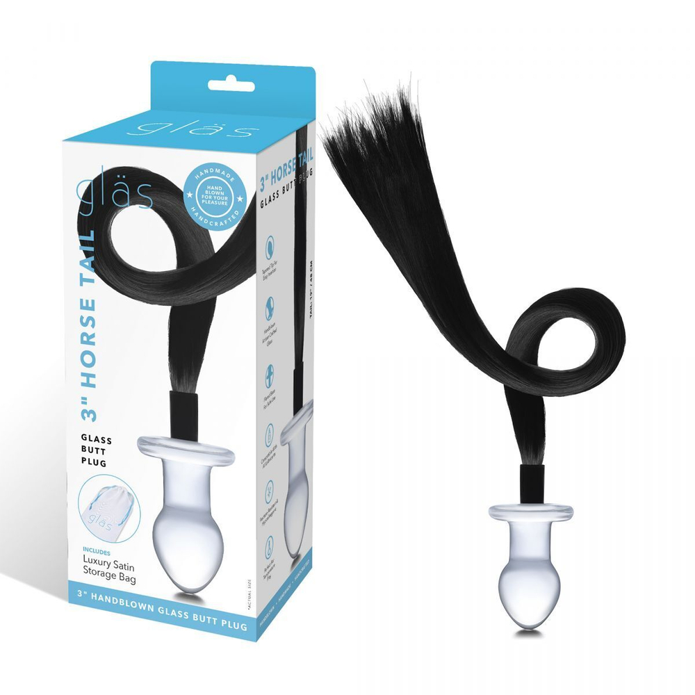 Стеклянная анальная пробка с черным конским хвостом (Цвет: прозрачный)