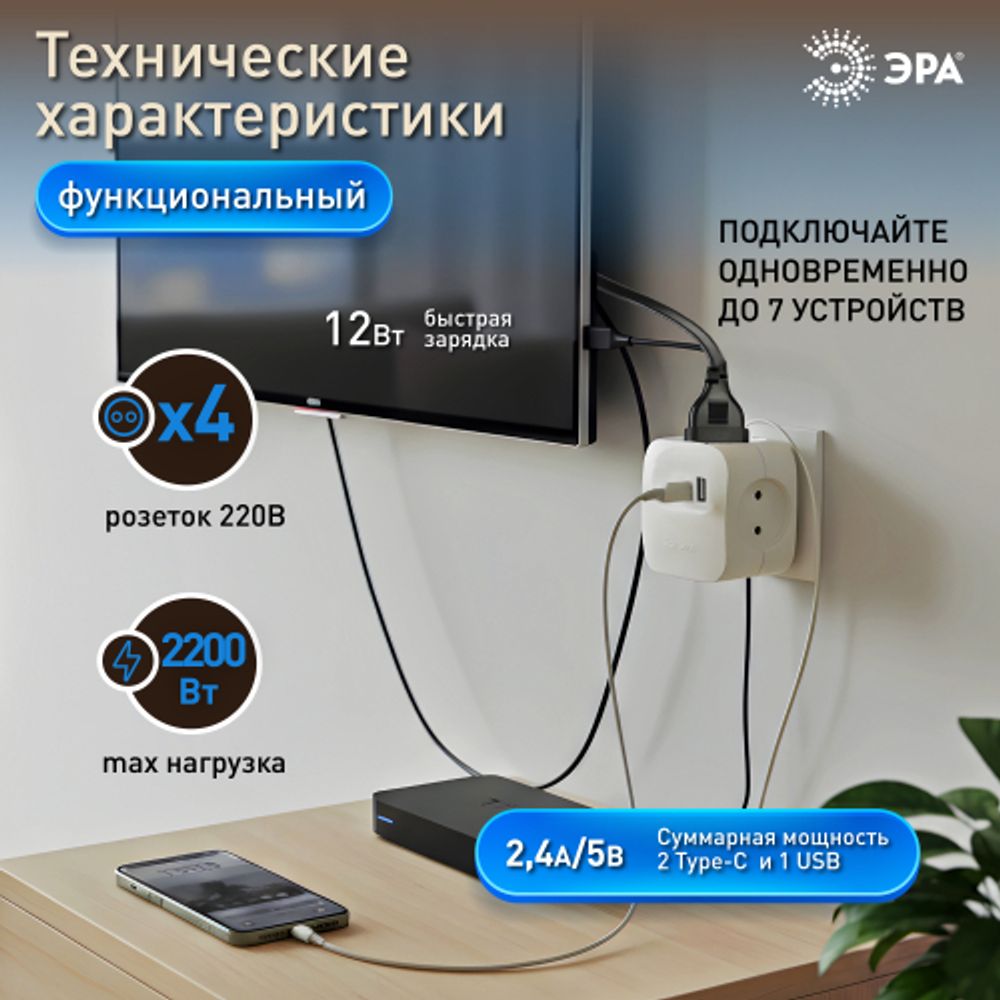 Разветвитель электрический ЭРА SP-4-3USBAC-W на 4 розетки + 3 USB A+C со шторками 10А белый | Электротовары