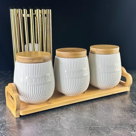 Lenardi 140-071 Набор из 3 банок 1000мл на подставке BAMBOO в под.уп.(х8)Фарфор