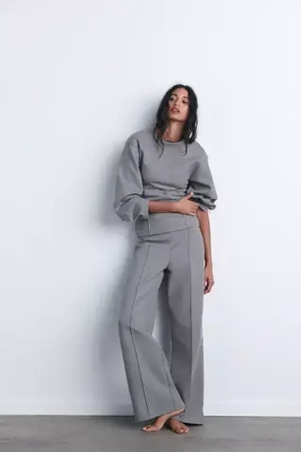 ZARA БРЮКИ ИЗ ИНТЕРЛОКА С РАЗРЕЗАМИ, СЕРЫЙ