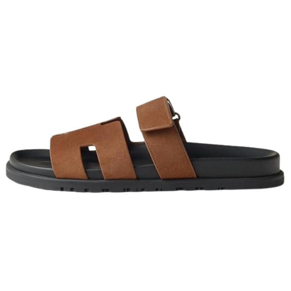 Hermes Chypre leather comfortable and fashionable one-word slippers men's brown, H222856Z HE5