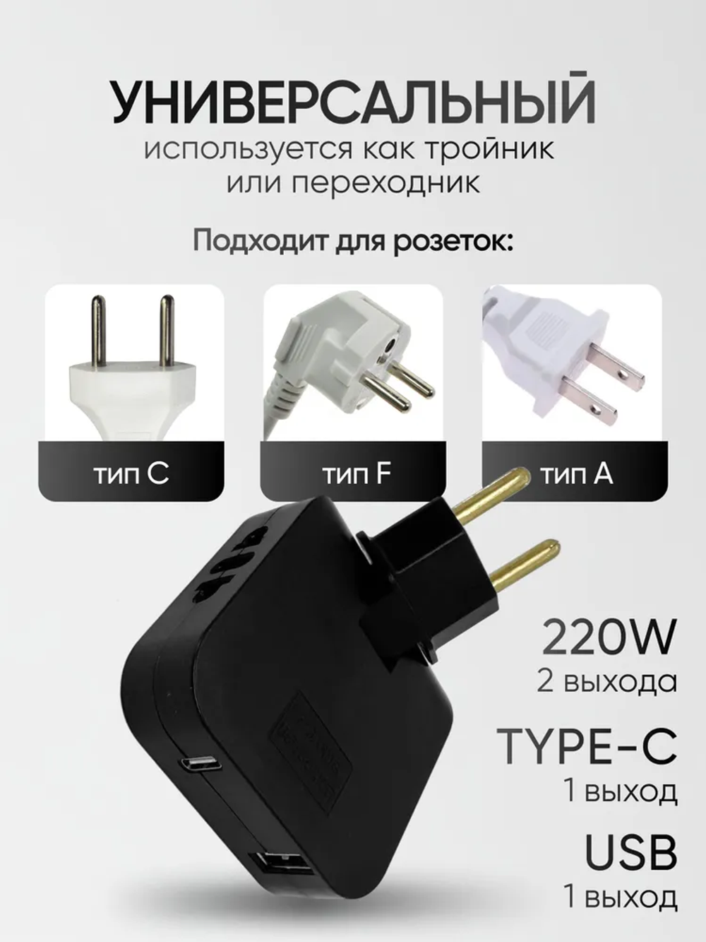 Тройник для розетки плоский с USB и Type-C черный, поворотный на 180 градусов, разветвитель электрический