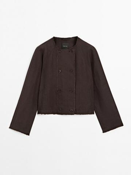 Massimo Dutti Короткая двубортная льняная куртка, коричневый