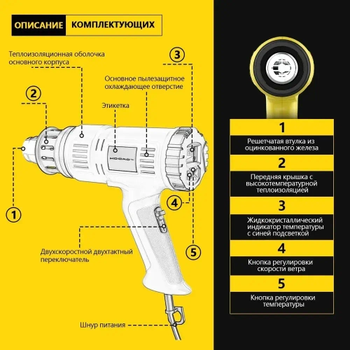 фен строительный HOOMOTEK 2000 Вт с Дисплеем, Регулировкой Температуры 60-650 C, 3 Сопла - Идеален для Пайки, Удаления Краски, Ремонта строительный фен.