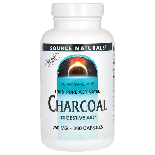 Source Naturals, 100% чистый активированный уголь, 260 мг, 200 капсул