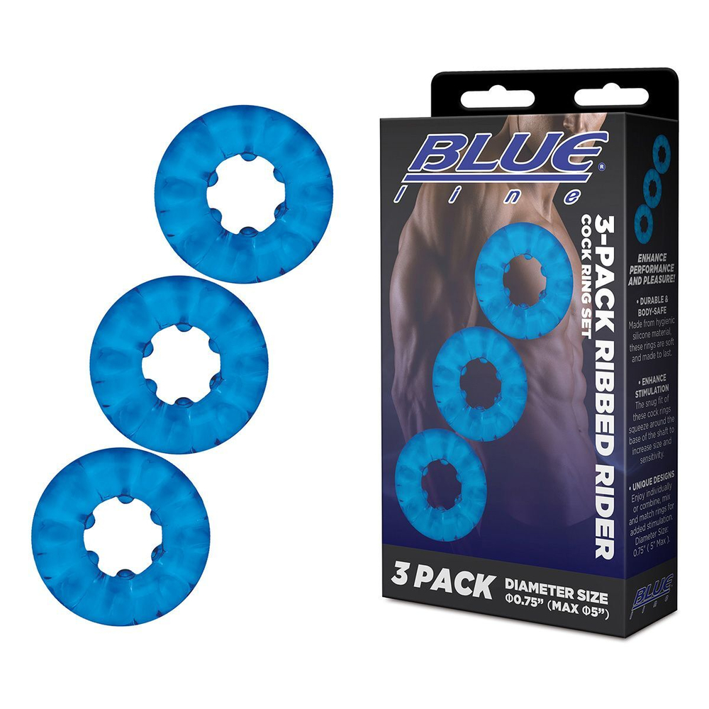Комплект из трех голубых эрекционных колец 3-Pack Ribbed Rider Cock Ring Set (Цвет: голубой)