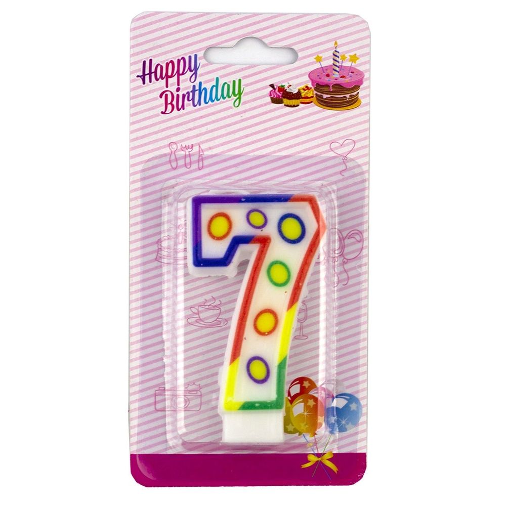 Свеча для торта с держателем Alingar, 7,0 см, "Цифра 7", белый цвет, горошек, цветная окантовка, блистер с европодвесом