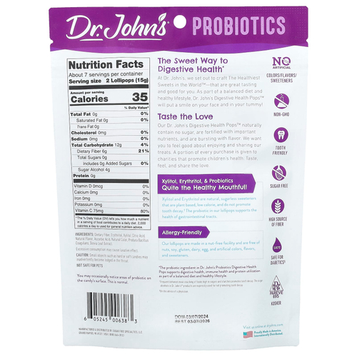 Dr. John's Healthy Sweets, Probiotics, Digestive Health Pops ™, + клетчатка и витамин C, клубника, персик и яблоко, 14 леденцов на палочке в индивидуальной упаковке, 109 г (3,85 унции)