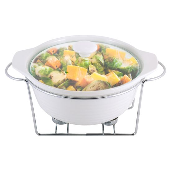 Мармит керамический 2,4 л. круглый Kamille КМ 6401 белый со стеклянной крышкой на хромированной подставке